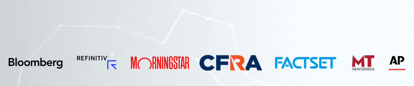 Logo of Bloomberg, Refinitiv, MorningStar, CFRA, Factset, MT Newswire, AP
