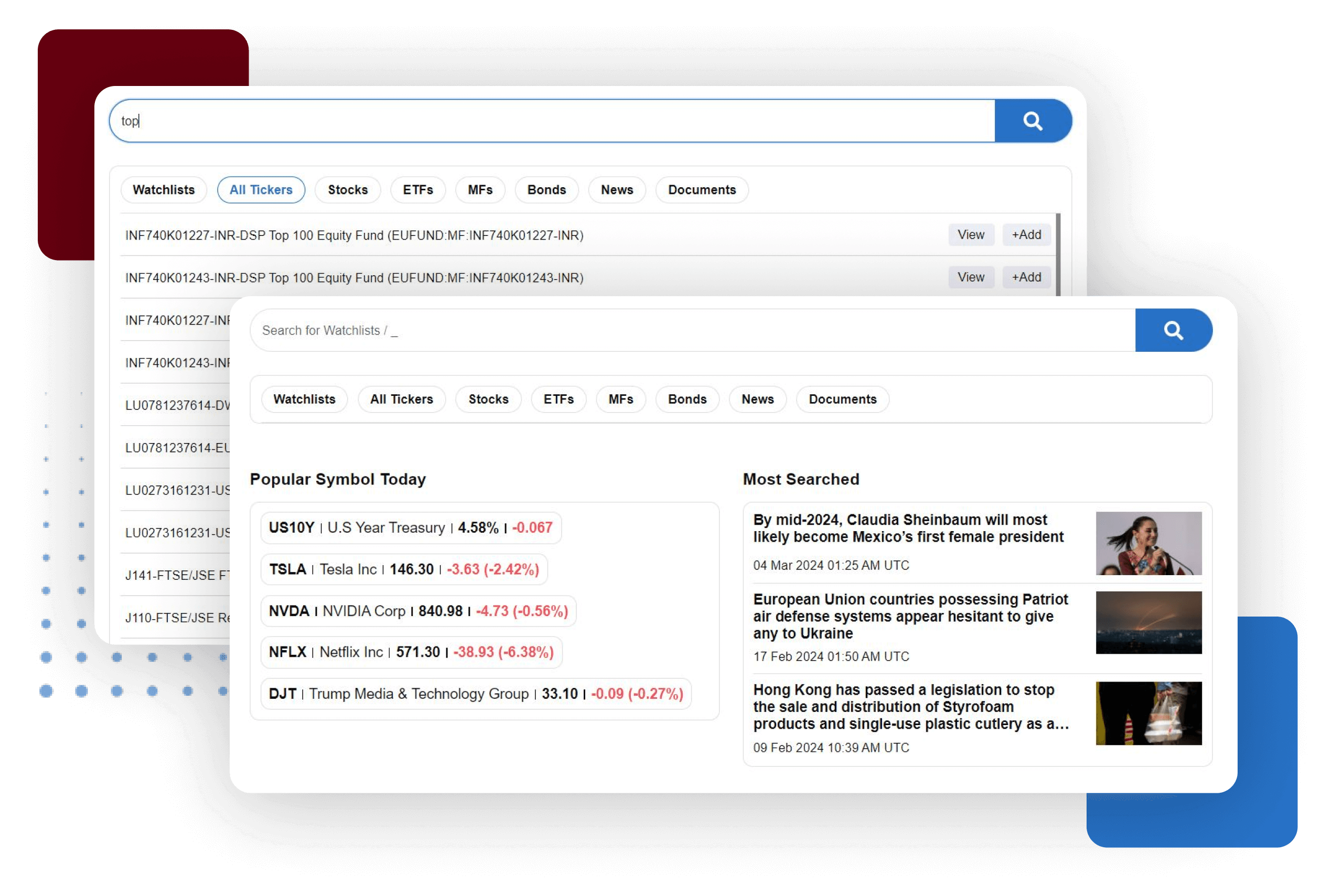 Image collage showing search for watchlists, tickers, news, documents, bonds and funds