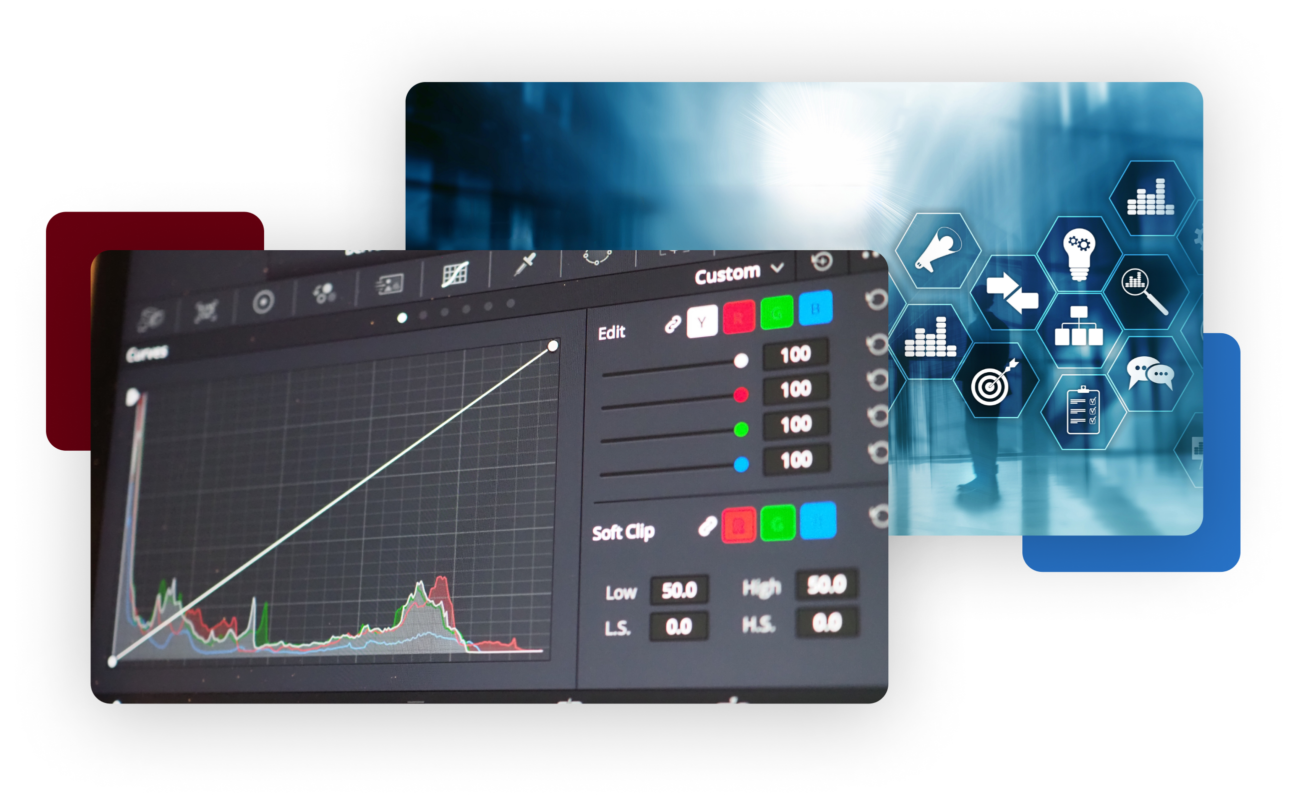 A computer screen displaying icons and graphs representing data analysis and information visualization.