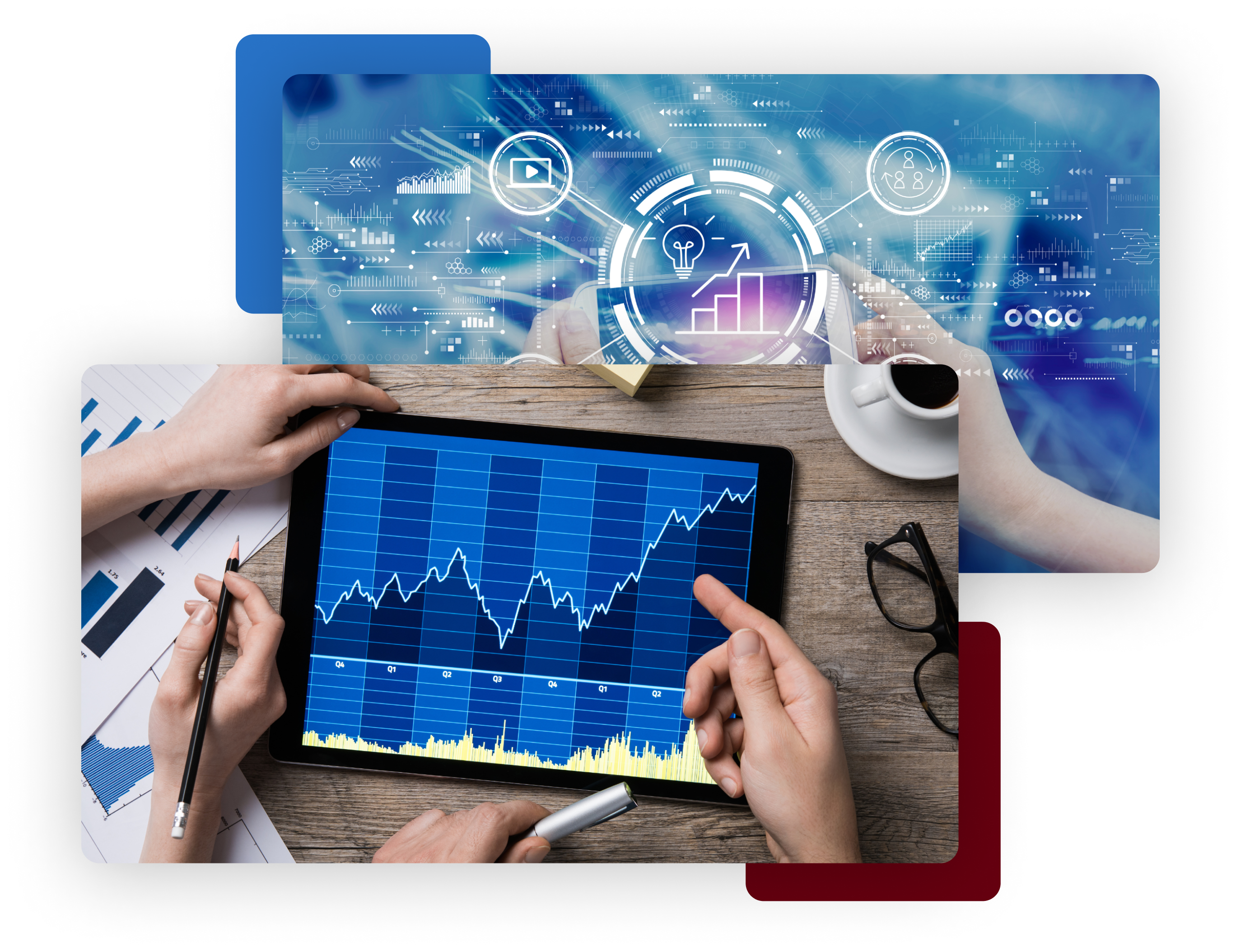 Two people using tablets and a laptop. NLP-generated keywords mapped to tickers for relevant securities and market movements.