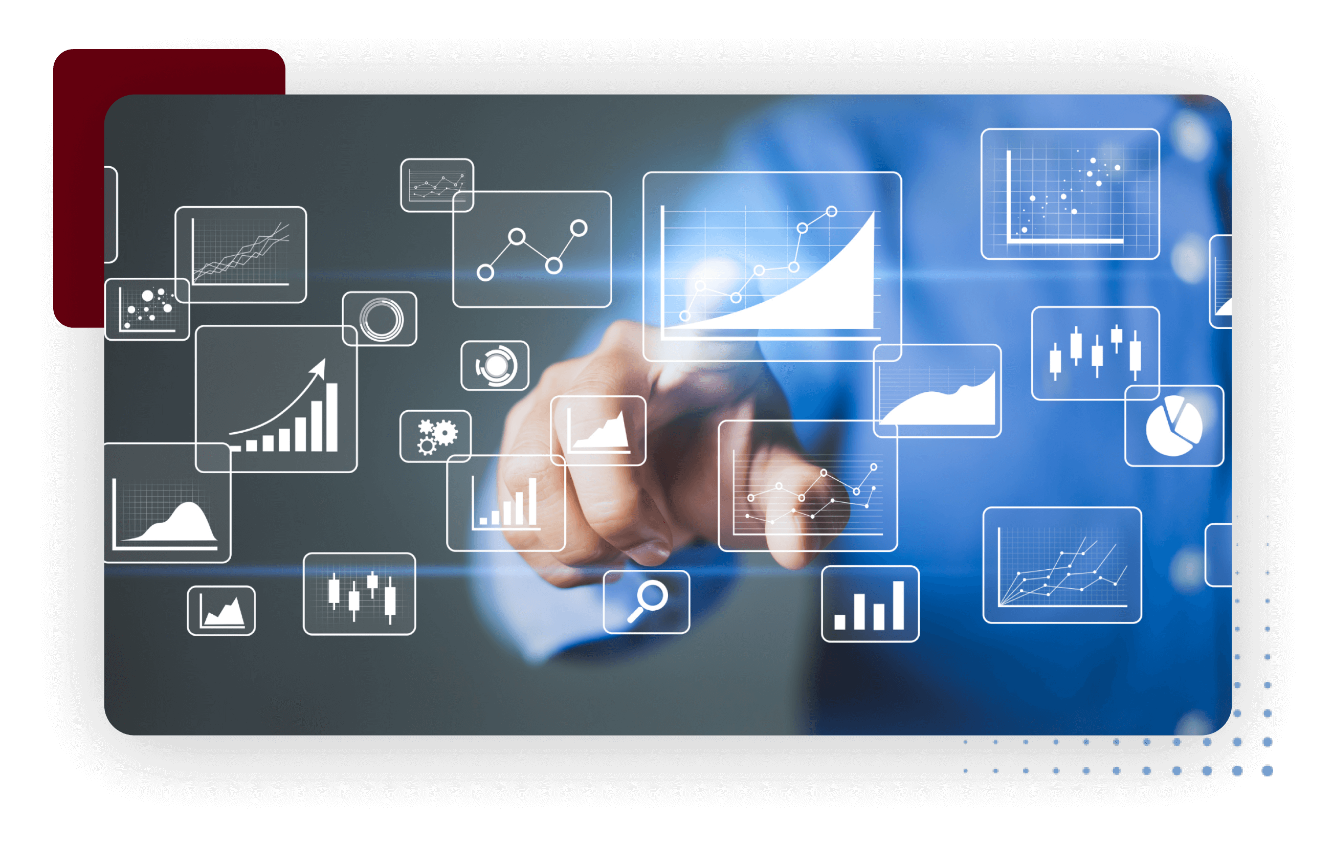 A computer screen displaying business analytics software with charts, graphs, and Data Aggregation and Analysis