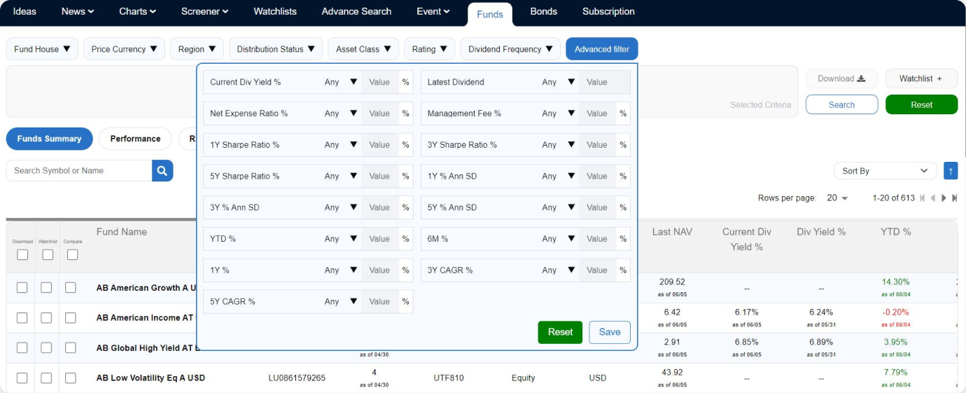 Image Showing Fund Screener With Multiple Filtering Options